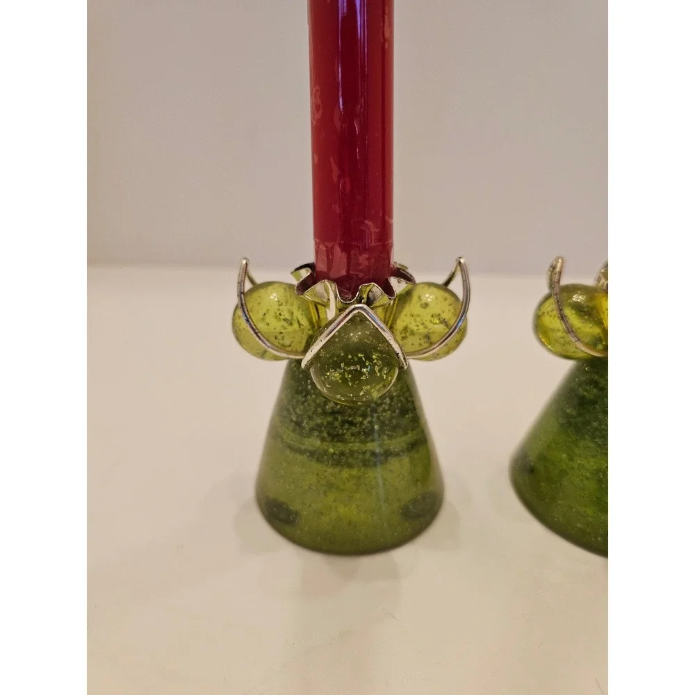 Vintage Olive Green Acrylic Taper Candlestick Holders Seeded Bubble Set of 2